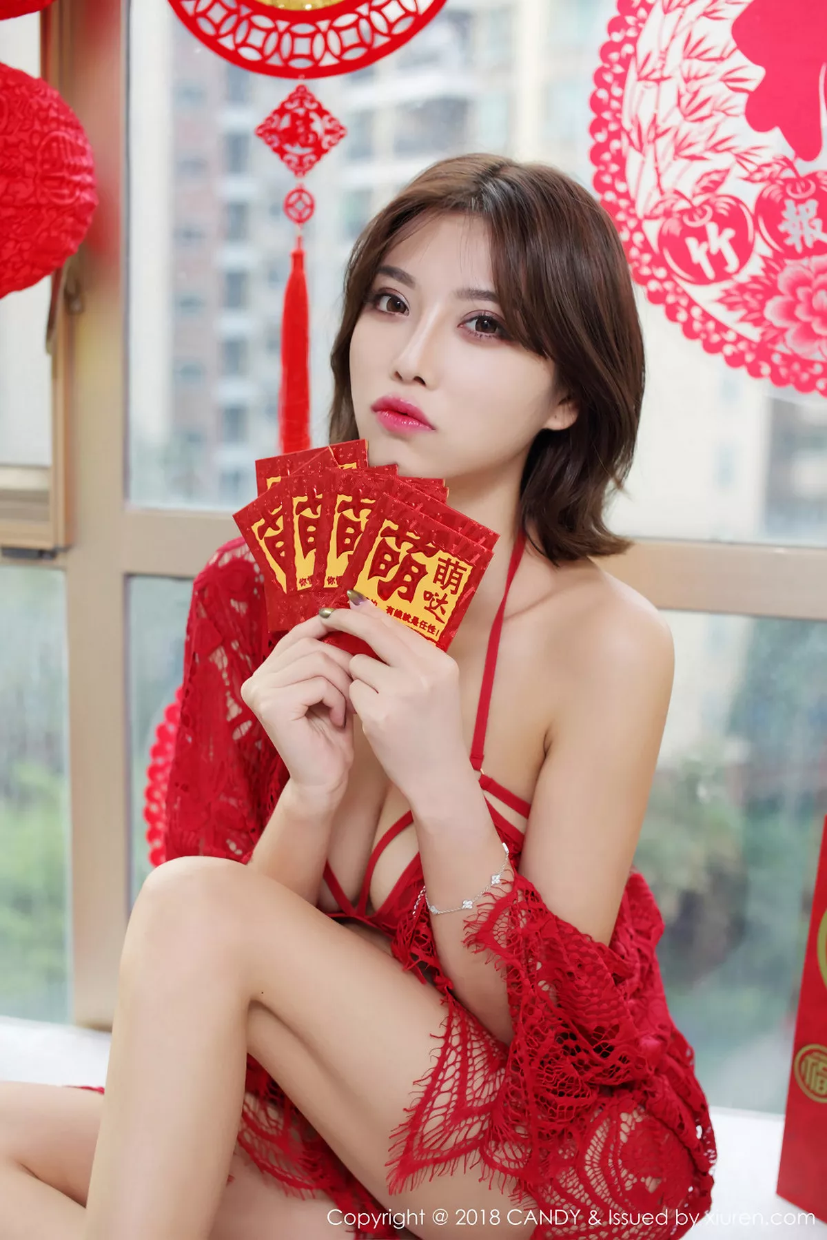 秀人集.com_[Candy糖果画报]Vol.053_嫩模杨晨晨sugar新春福利红色内衣秀完美身材性感写真49P