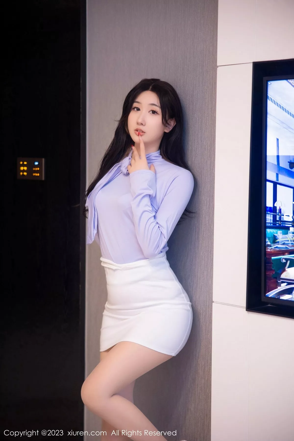 秀人集.com_[XiuRen秀人网]No.6389_模特江真真浅紫上衣配白短裙露性感白色蕾丝内衣完美诱惑写真100P