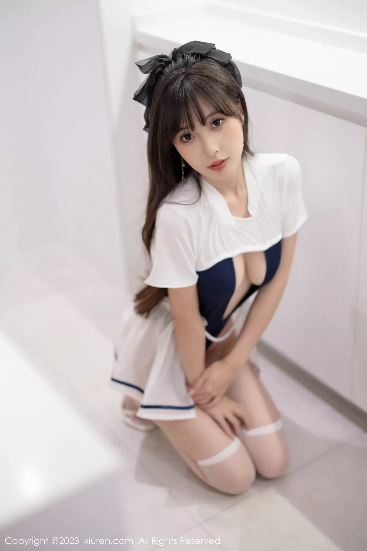 秀人集.com_[XiuRen秀人网]No.7468_模特林星阑蓝白色连衣短裙+黑色薄纱连体衣秀苗条身姿诱惑写真85P