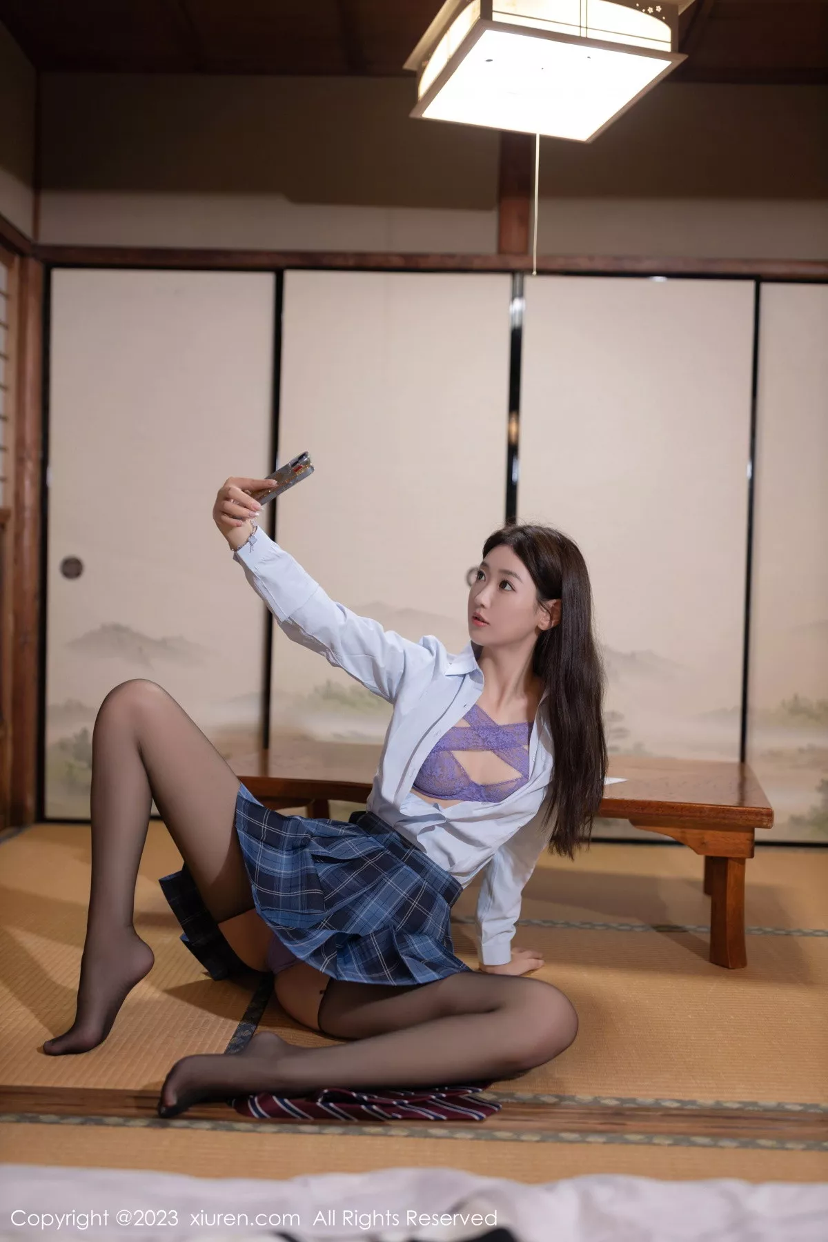 秀人集.com_[XiuRen秀人网]No.7585_模特唐安琪性感白T配格子裙露紫色蕾丝内衣秀完美身材诱惑写真78P