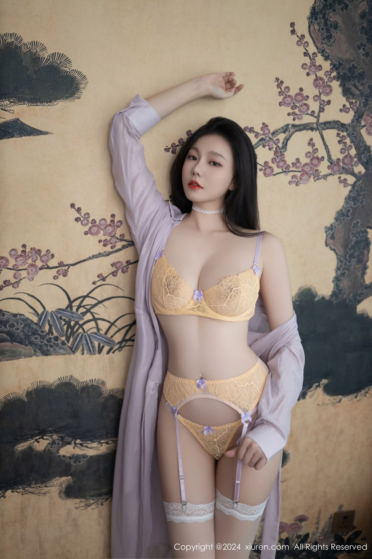 秀人集.com_[XiuRen秀人网]No.9009_模特安然anran性感黄色蕾丝内衣配白丝吊袜秀完美身材诱惑写真80P