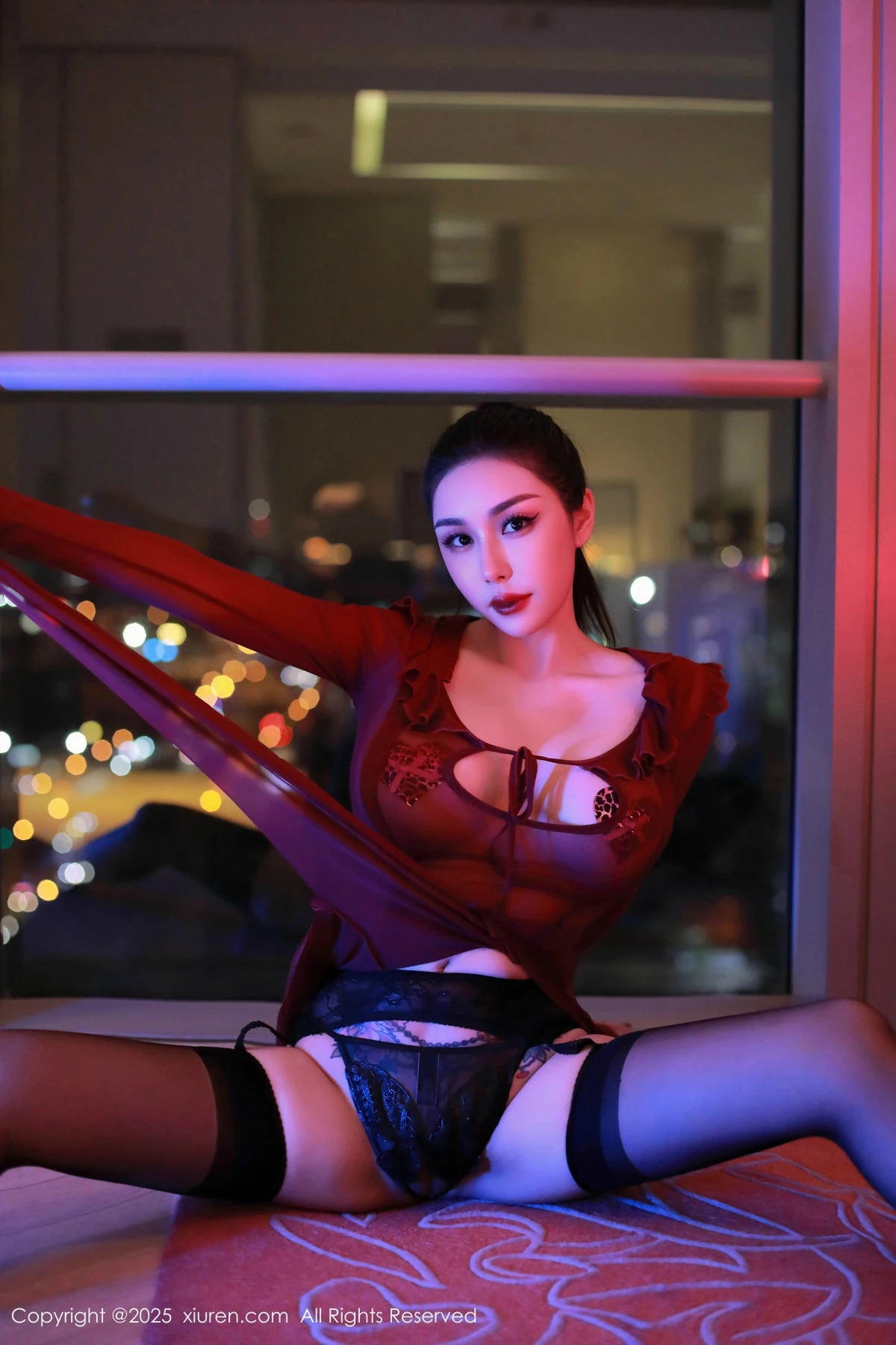 秀人集.com_[XiuRen秀人网]No.9973_模特田冰冰性感酒红色薄纱连衣裙配黑丝吊袜秀丰满身材诱惑写真53P