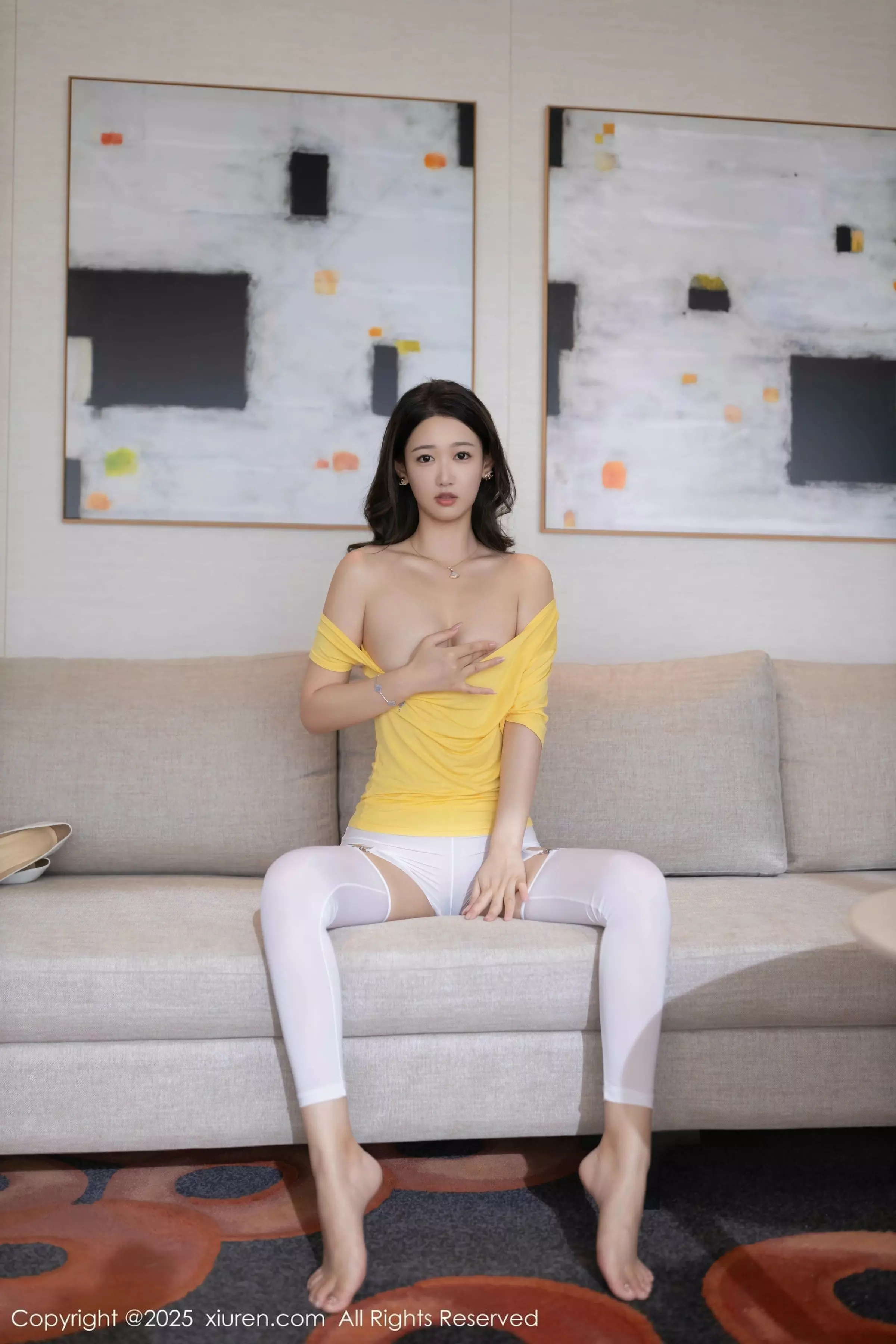 秀人集.com_[XiuRen秀人网]No.10062_模特唐安琪性感黄上衣露黄色内衣配白丝吊袜秀曼妙身姿诱惑写真85P